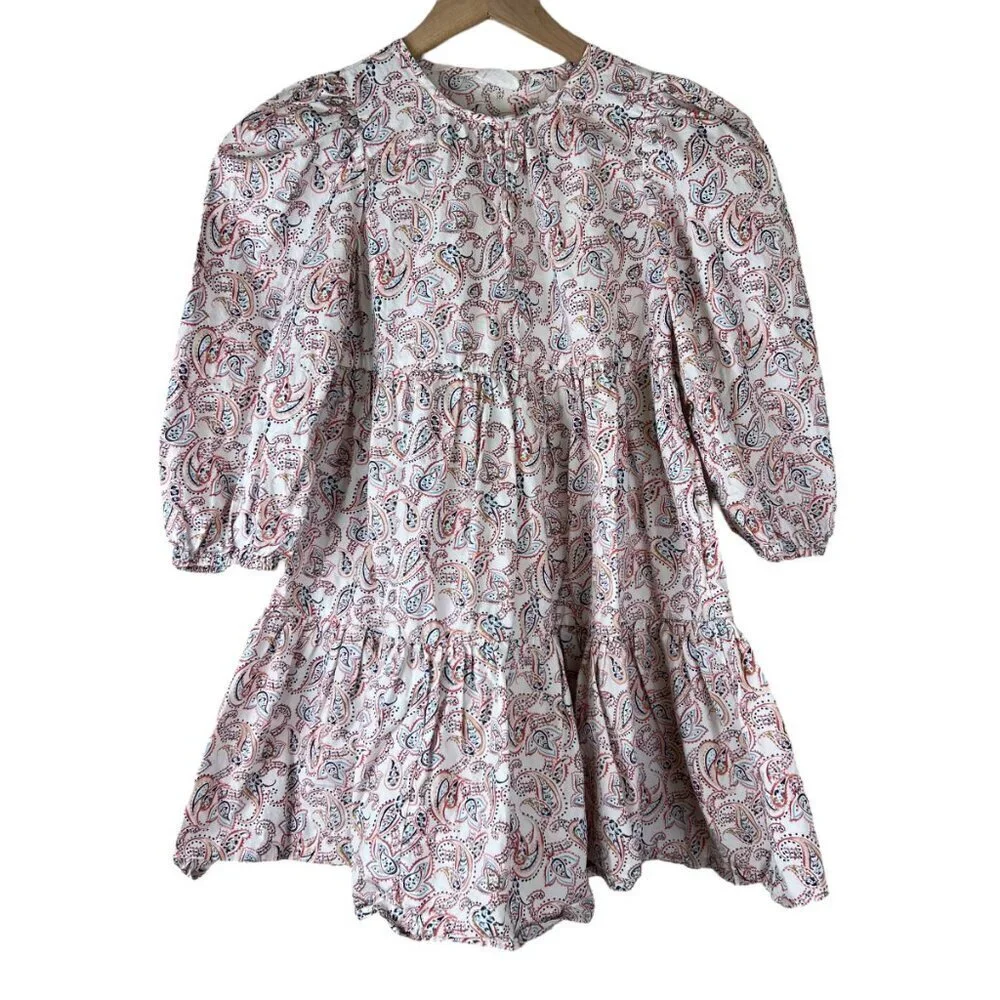 Crewcuts Girls Cream Paisley Printed Cotton Poplin Puff Sleeve Dress